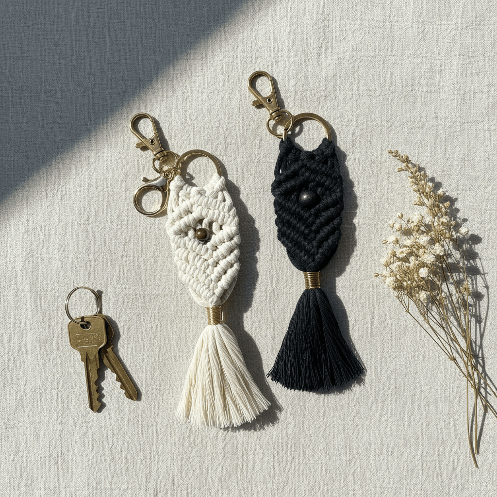 Avaimenperä Macrame - flatlay musta ja valkoinen