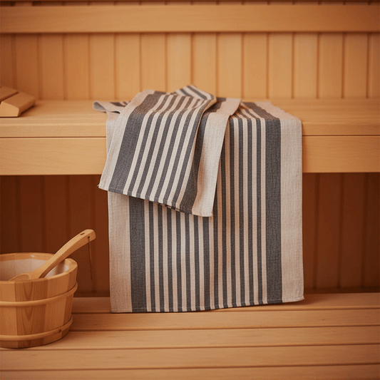 Keltaraidallinen laudeliina lauteilla