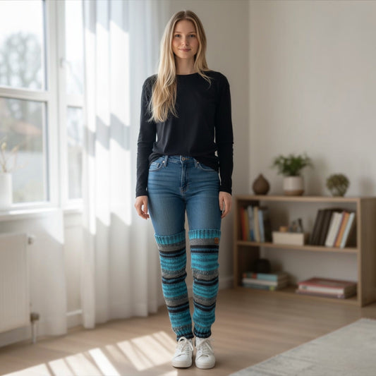 Pitkät säärystimet Siniraita -Lahja ja Sisustus Juuttisäkki